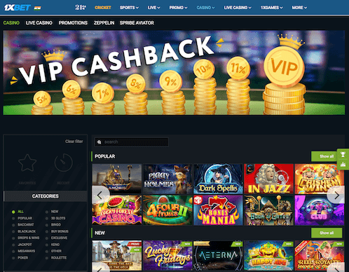 Casino Page at 1xBet & available slots