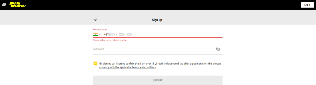 Registration form at Parimatch