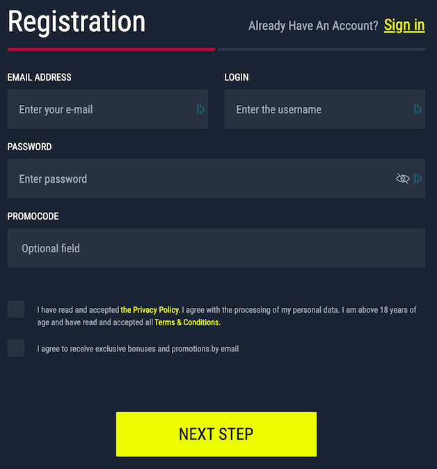 Registration form at Rabona