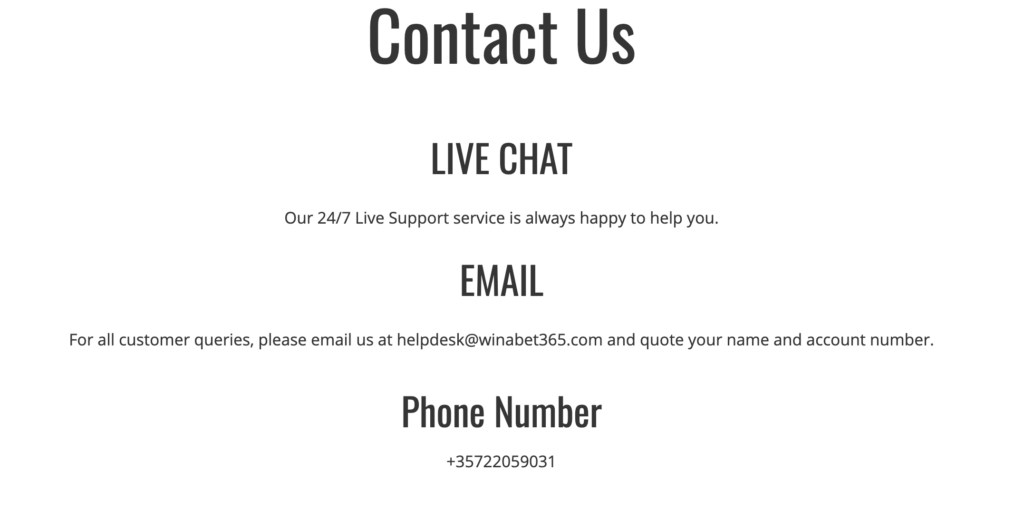 Contact Information for WINABET365