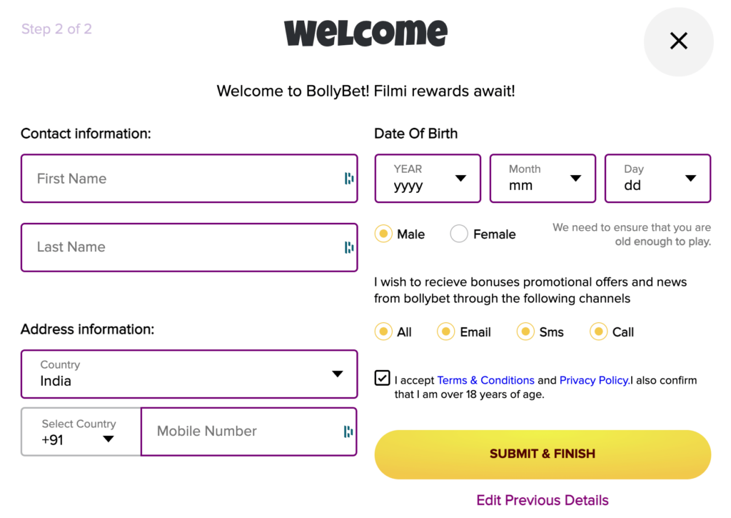 Registration process at Bollybet